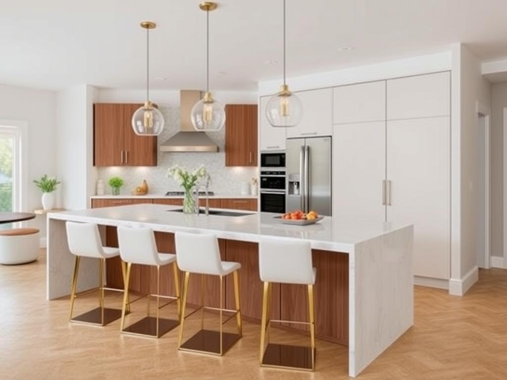 Hoge tafel aan keukeneiland met elegante barkrukken Hoge tafel aan keukeneiland met elegante barkrukken