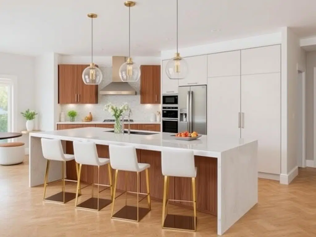 Hoge tafel aan keukeneiland met elegante barkrukken Hoge tafel aan keukeneiland met elegante barkrukken