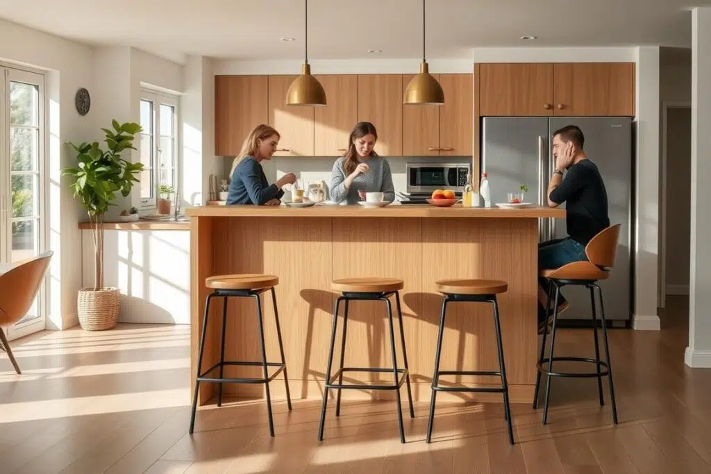 Hoge tafel en stoelen in een open keuken met mensen die ontbijten Hoge tafel en stoelen in een open keuken met mensen die ontbijten