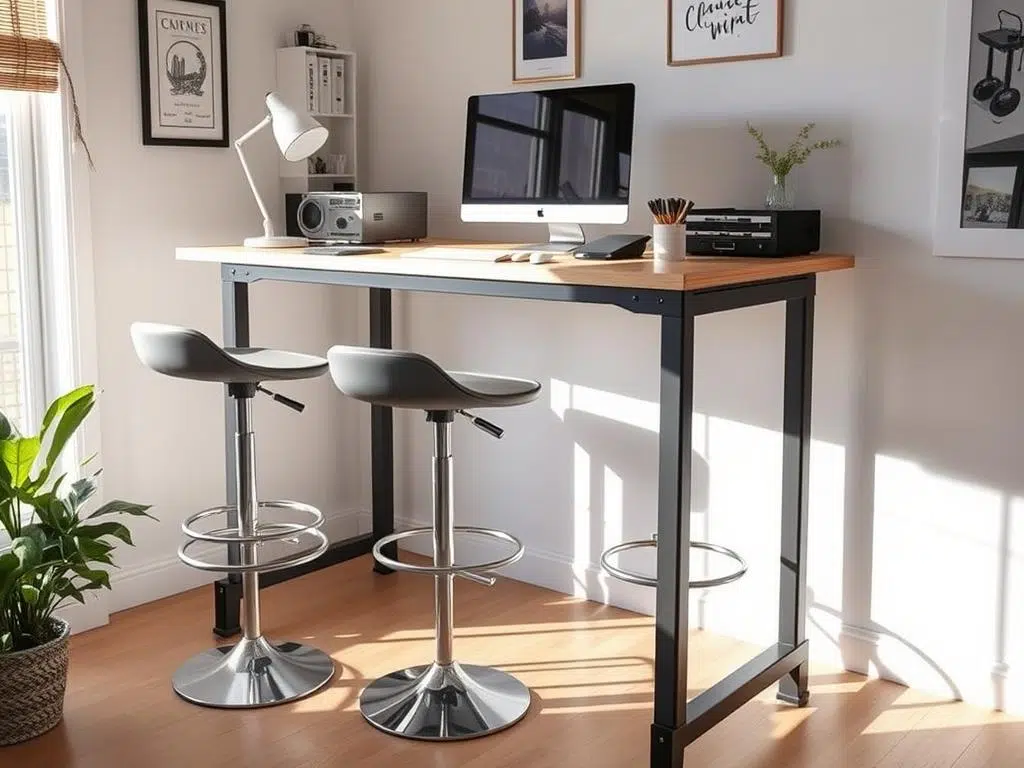 Hoge tafel gebruikt als werkstation in een thuiskantoor Hoge tafel gebruikt als werkstation in een thuiskantoor