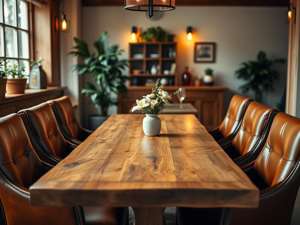 Houten eettafel met bruine leren stoelen in een natuurlijk verlichte eetkamer Houten eettafel met bruine leren stoelen in een natuurlijk verlichte eetkamer