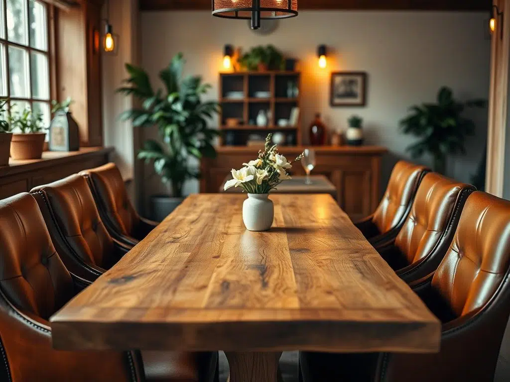 Houten eettafel met bruine leren stoelen in een natuurlijk verlichte eetkamer Houten eettafel met bruine leren stoelen in een natuurlijk verlichte eetkamer