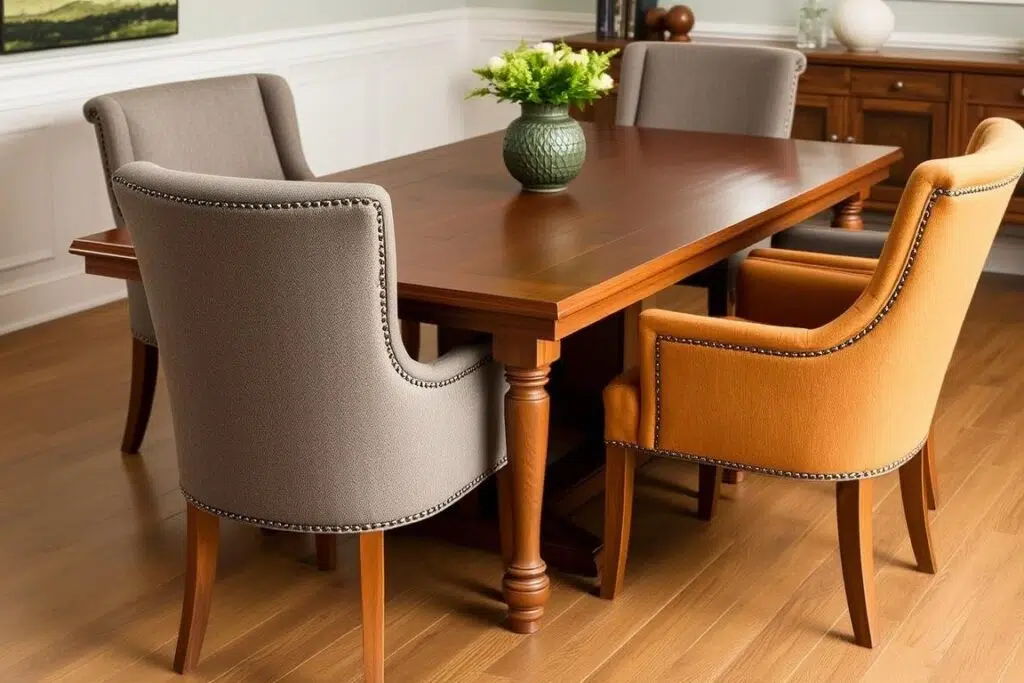 Houten eettafel met gestoffeerde eetkamerstoelen in verschillende kleuren Houten eettafel met gestoffeerde eetkamerstoelen in verschillende kleuren