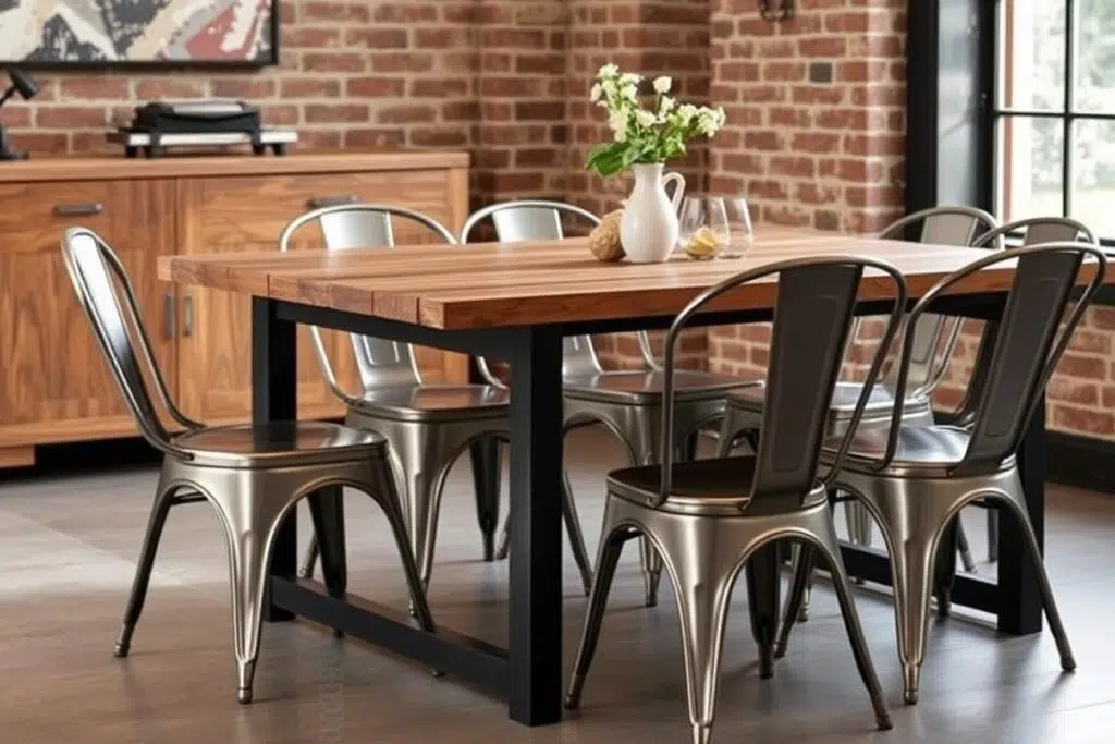 Houten eettafel met metalen eetkamerstoelen in industriële stijl Houten eettafel met metalen eetkamerstoelen in industriële stijl