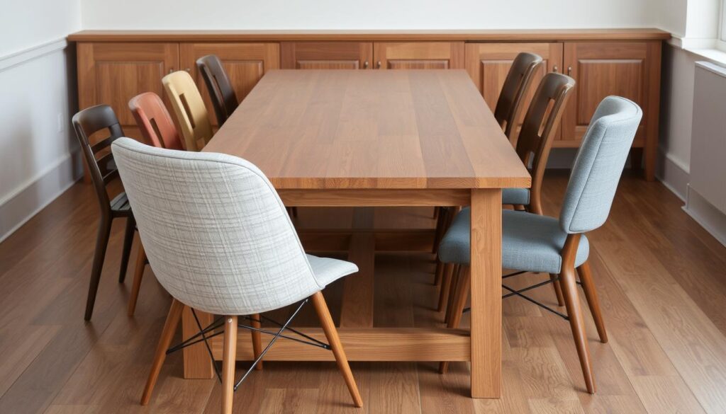 Houten eettafel met mix van verschillende materialen voor stoelen: hout, metaal en stof Houten eettafel met mix van verschillende materialen voor stoelen: hout, metaal en stof