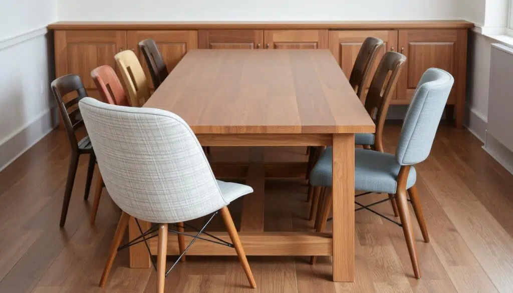 Houten eettafel met mix van verschillende materialen voor stoelen: hout, metaal en stof Houten eettafel met mix van verschillende materialen voor stoelen: hout, metaal en stof