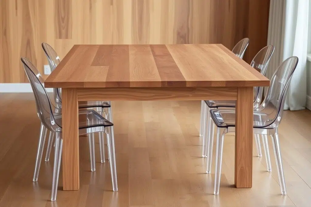 Houten eettafel met transparante kunststof eetkamerstoelen in moderne stijl Houten eettafel met transparante kunststof eetkamerstoelen in moderne stijl