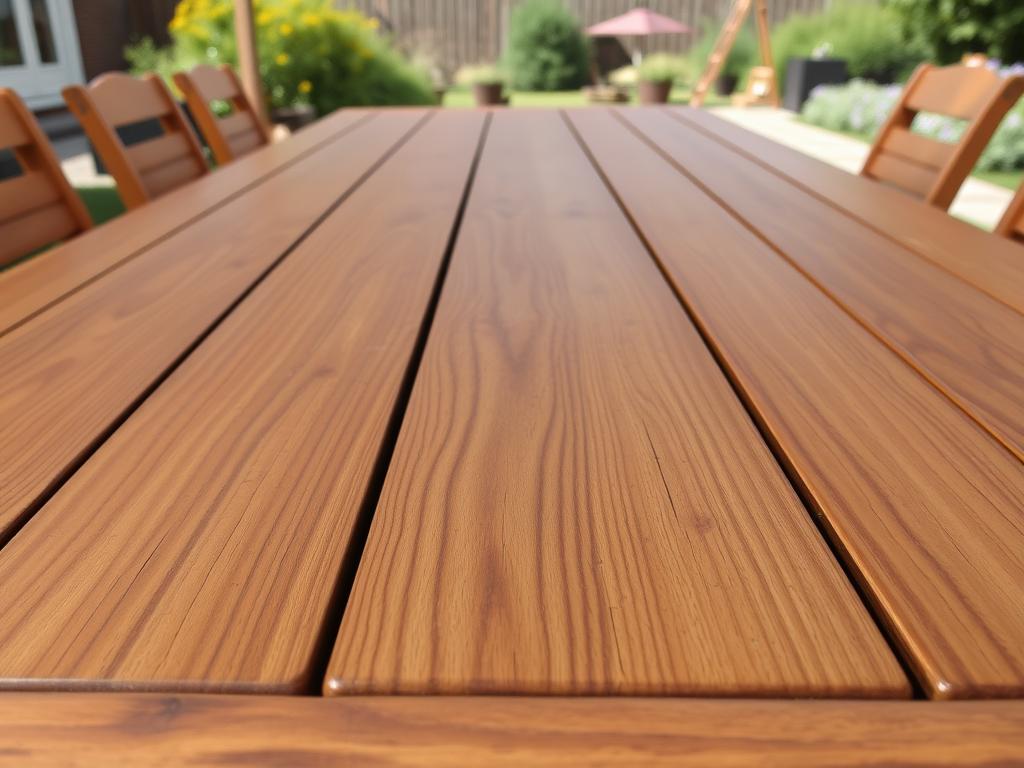 Houten eettafel voor buiten gemaakt van teakhout in een Nederlandse tuin Houten eettafel voor buiten gemaakt van teakhout in een Nederlandse tuin