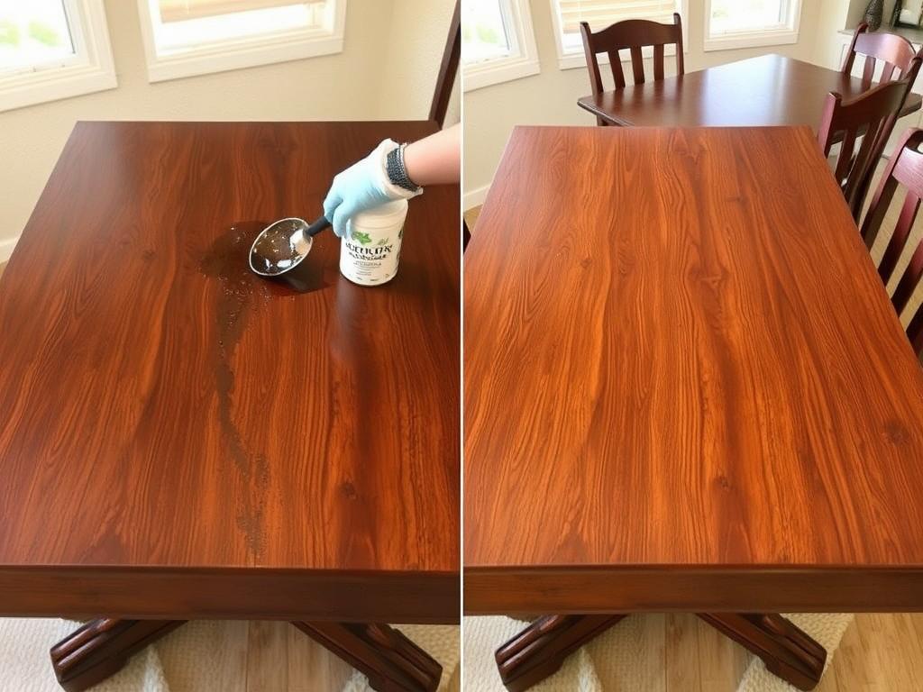 Houten tafel behandeld met beits in verschillende stadia