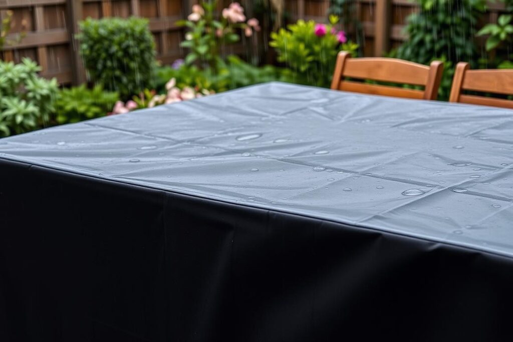 Houten tafel beschermd met een waterdichte, ademende hoes tijdens regen Houten tafel beschermd met een waterdichte, ademende hoes tijdens regen