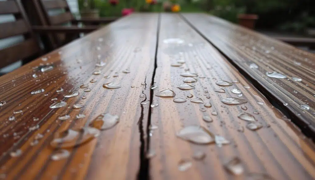 Houten tafel in de regen met waterdruppels op het oppervlak