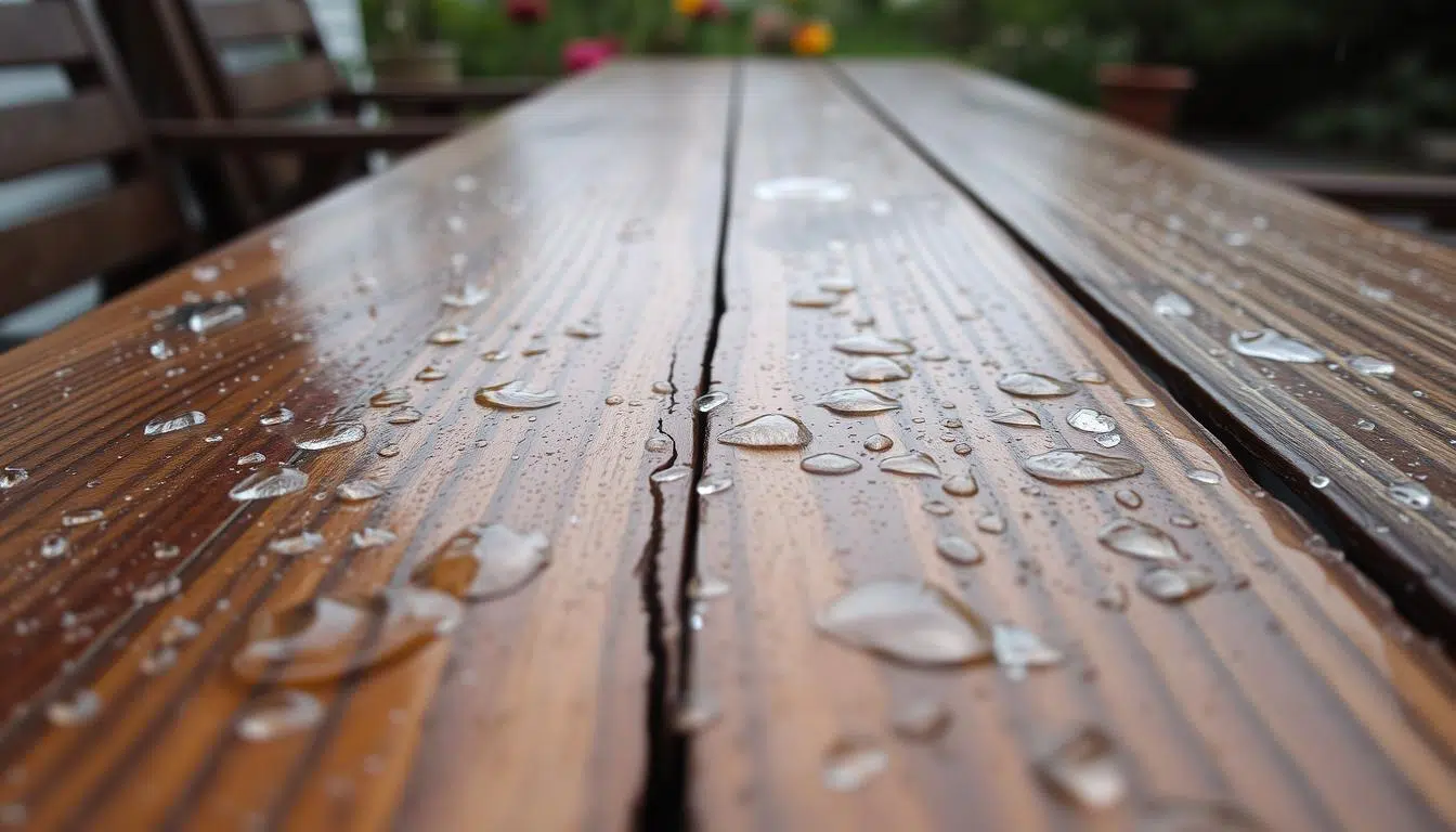Houten tafel in de regen met waterdruppels op het oppervlak
