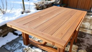 Houten tuintafel buiten in winterse omstandigheden met sneeuw