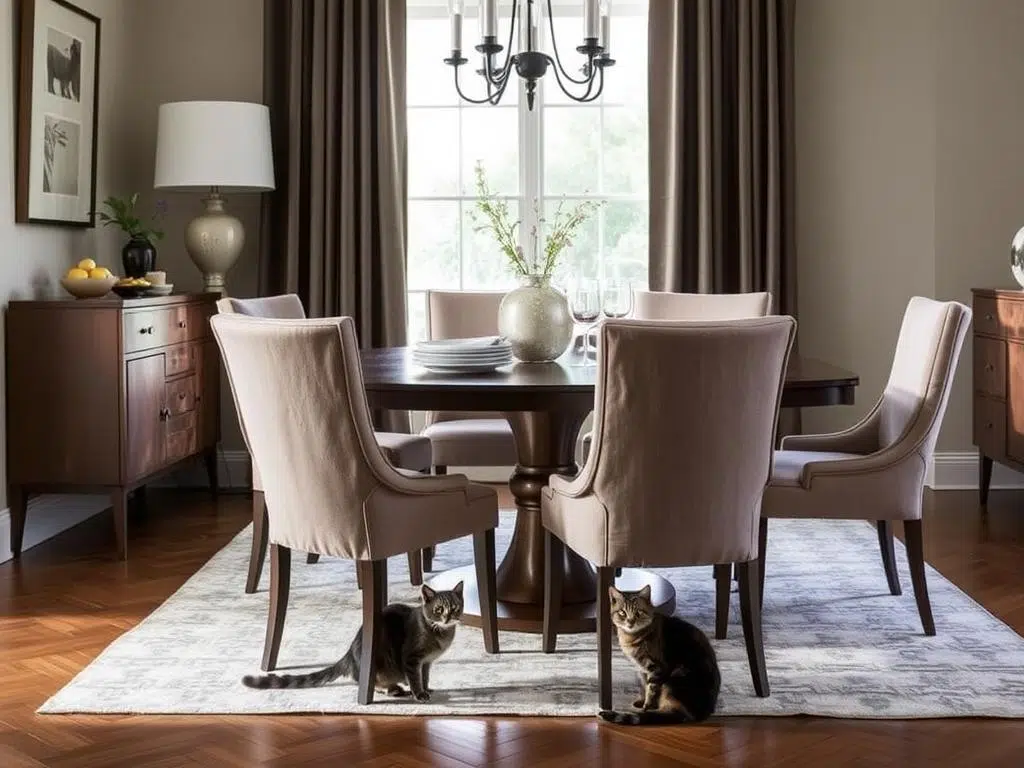 Huiskamer met canvas eetkamerstoelen en katten Huiskamer met canvas eetkamerstoelen en katten