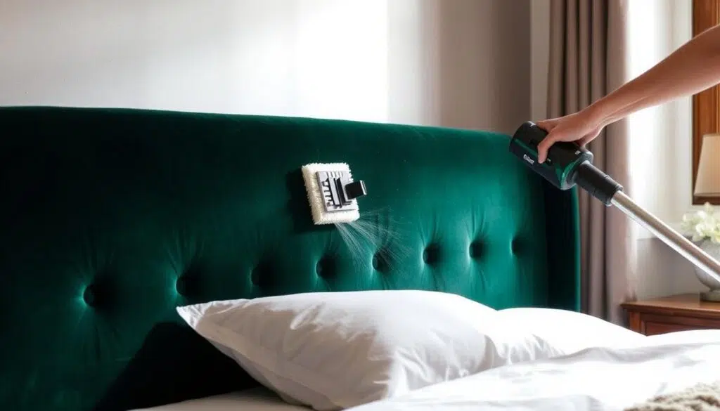 Iemand die een velvet bed stofzuigt met een zachte borstelmond Iemand die een velvet bed stofzuigt met een zachte borstelmond