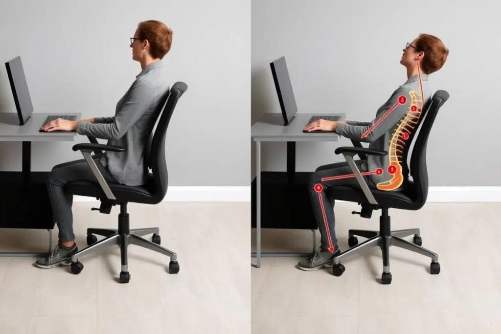 Illustratie van correcte versus incorrecte zithouding op een stoel Illustratie van correcte versus incorrecte zithouding op een stoel