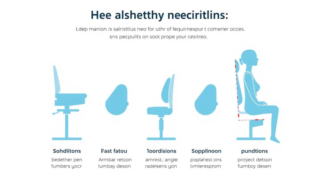 Illustratie van de vijf basisvoorwaarden voor gezond zitten: zithoogte, zitdiepte, armleuninghoogte, lendensteun en zithoek Illustratie van de vijf basisvoorwaarden voor gezond zitten: zithoogte, zitdiepte, armleuninghoogte, lendensteun en zithoek