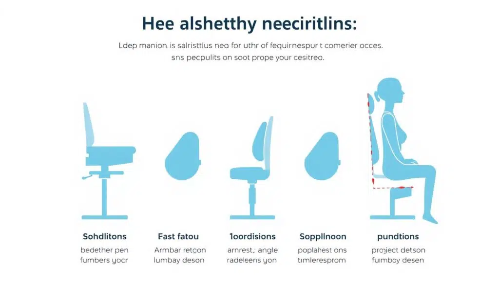 Illustratie van de vijf basisvoorwaarden voor gezond zitten: zithoogte, zitdiepte, armleuninghoogte, lendensteun en zithoek Illustratie van de vijf basisvoorwaarden voor gezond zitten: zithoogte, zitdiepte, armleuninghoogte, lendensteun en zithoek