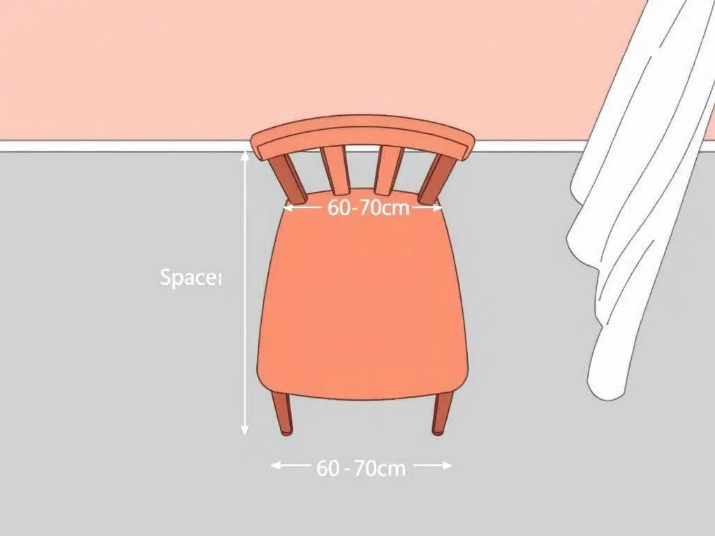 Illustratie van minimale ruimte tussen eetkamerstoel en muur Illustratie van minimale ruimte tussen eetkamerstoel en muur