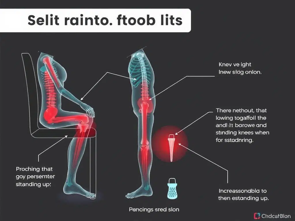 Illustratie van problemen bij een te lage zithoogte met focus op druk op de knieën Illustratie van problemen bij een te lage zithoogte met focus op druk op de knieën
