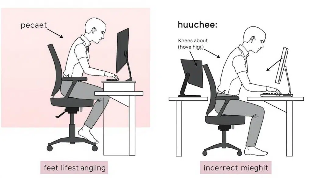 Illustratie van veelgemaakte fouten bij zithouding zoals te hoge en te lage stoel Illustratie van veelgemaakte fouten bij zithouding zoals te hoge en te lage stoel