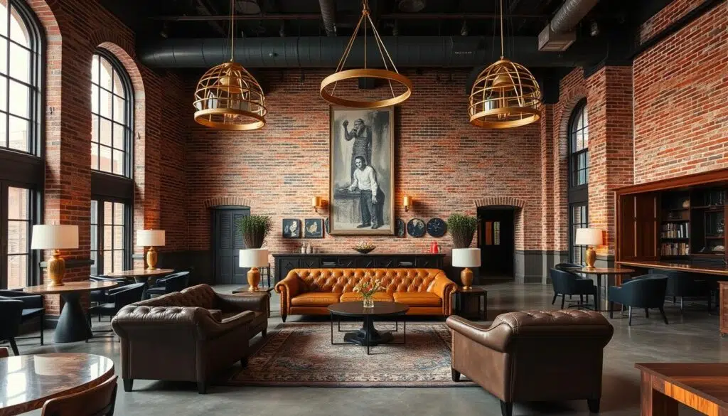 Industrial chic hotellobby met bakstenen muren en messing accenten
