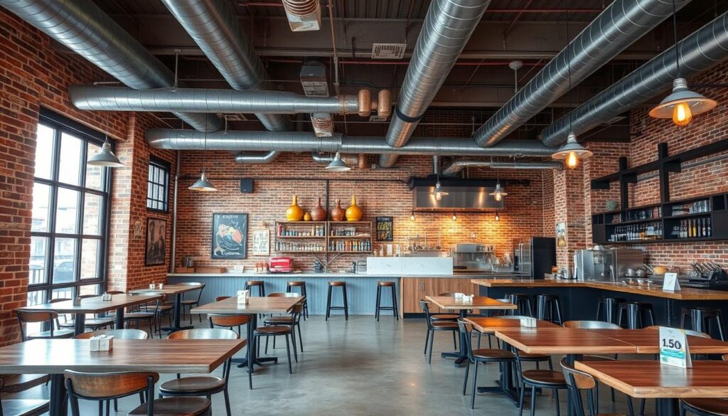 Industrieel café met bakstenen muren, open plafond en vintage meubels Industrieel café met bakstenen muren, open plafond en vintage meubels