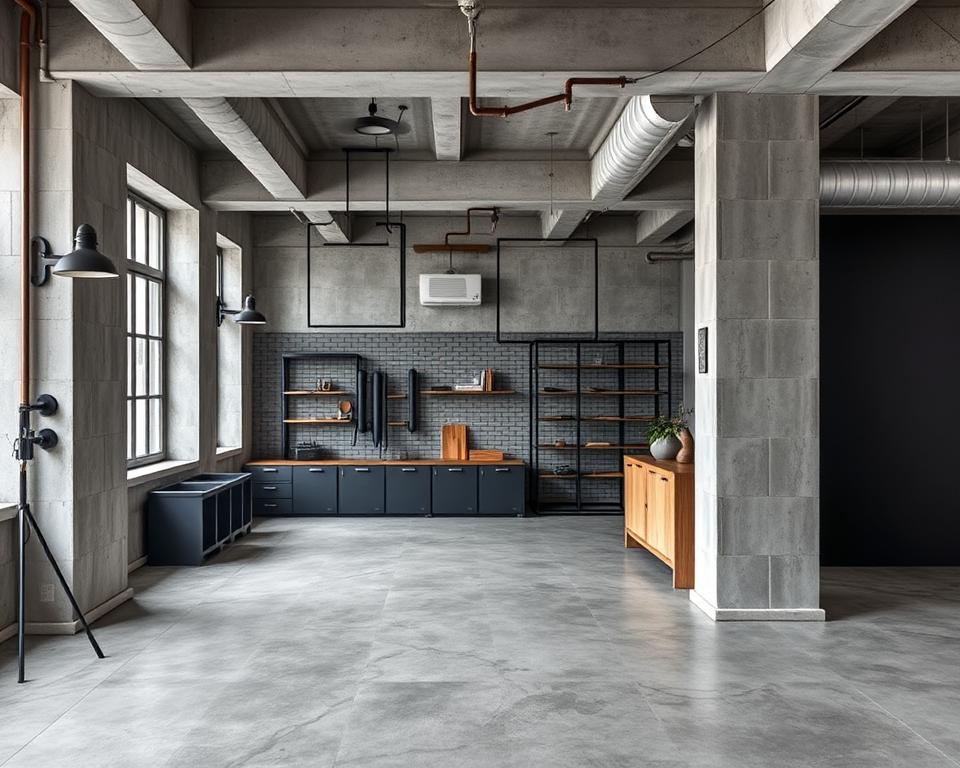Industrieel interieur met neutraal kleurenpalet van grijs, zwart, wit en bruintinten Industrieel interieur met neutraal kleurenpalet van grijs, zwart, wit en bruintinten