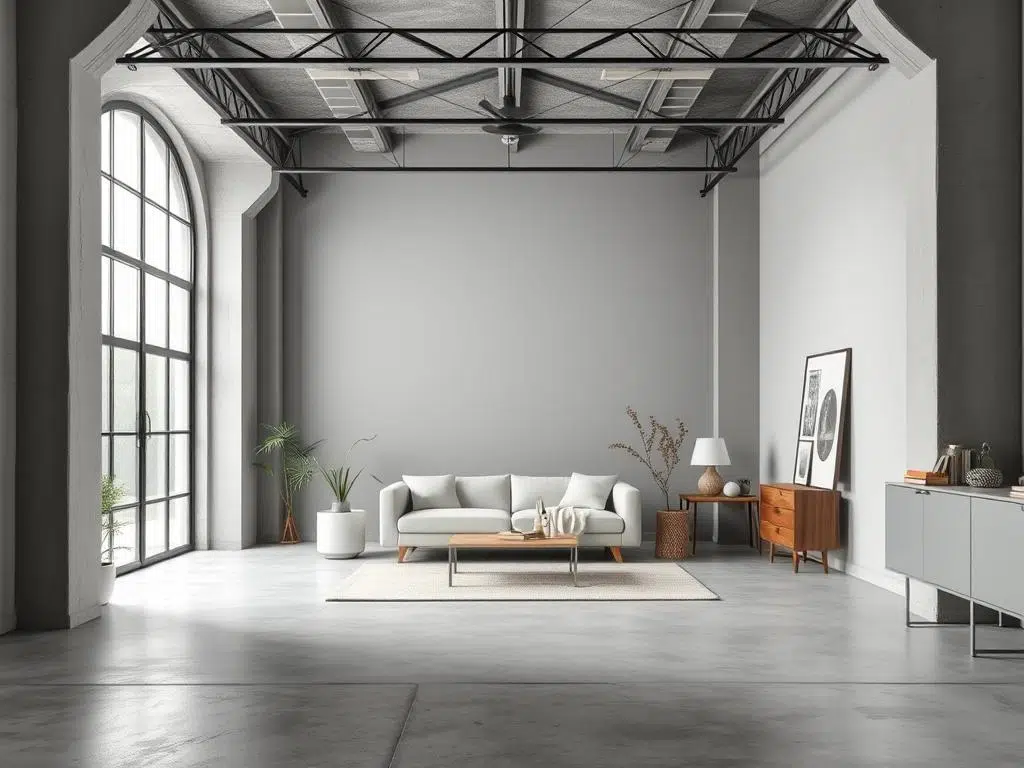 Industrieel interieur met neutrale kleuren zoals staalgrijs en betongrijs Industrieel interieur met neutrale kleuren zoals staalgrijs en betongrijs