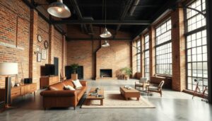 Industrieel interieur met een open ruimte, bakstenen muren, metalen elementen en houten meubels.