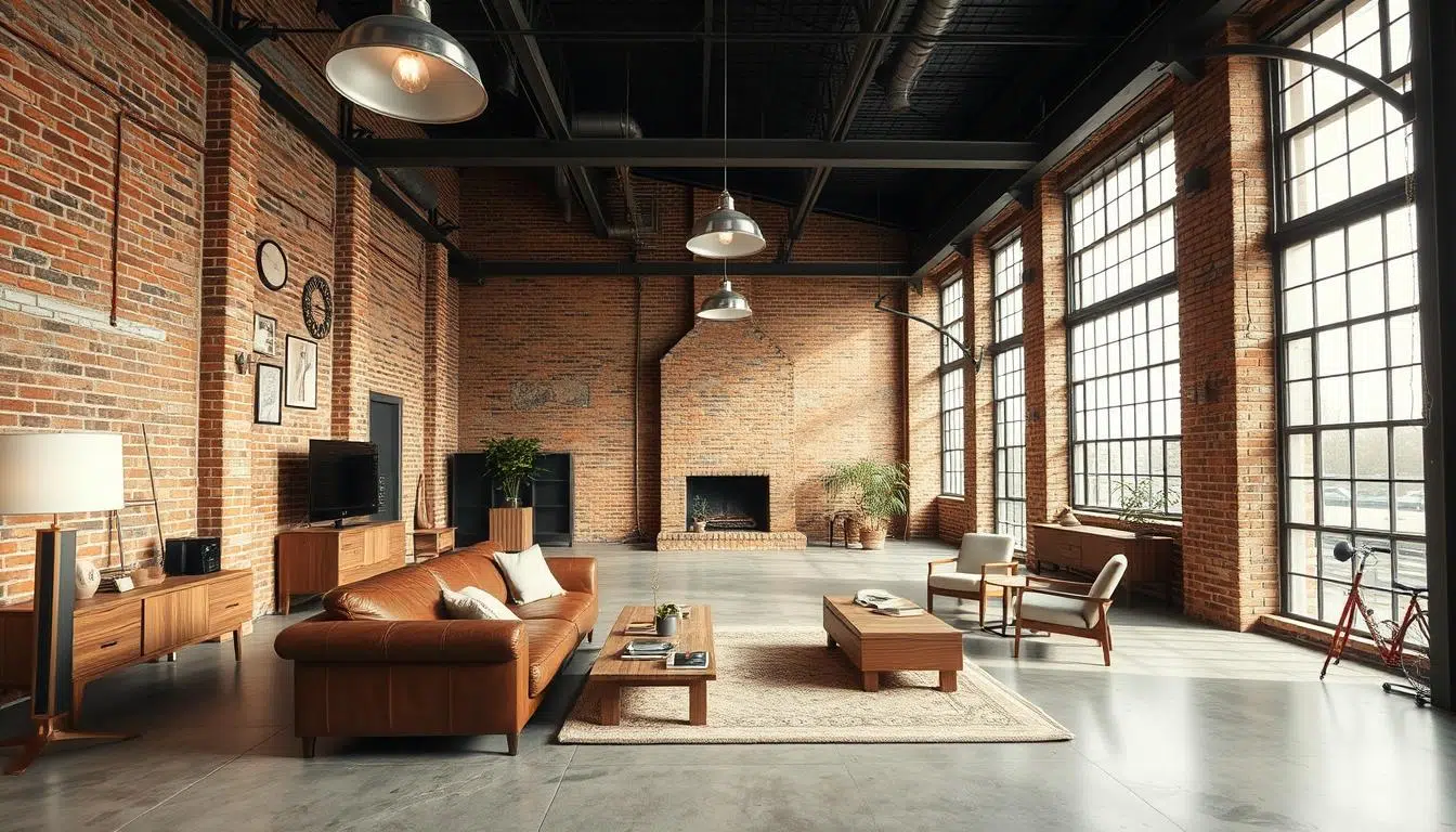Industrieel interieur met open ruimte, bakstenen muur, metalen elementen en houten meubels