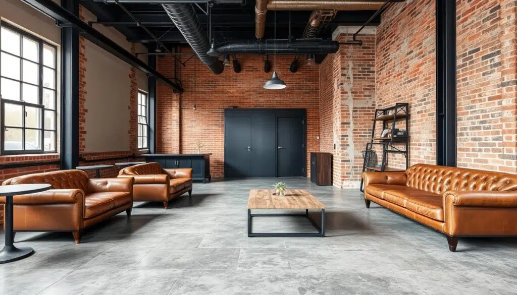 Industrieel interieur met typisch kleurenpalet van grijs, zwart, bruin en accentkleuren