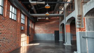 Interieur van een ruimte met bakstenen muren, metalen leidingen en een betonnen vloer.