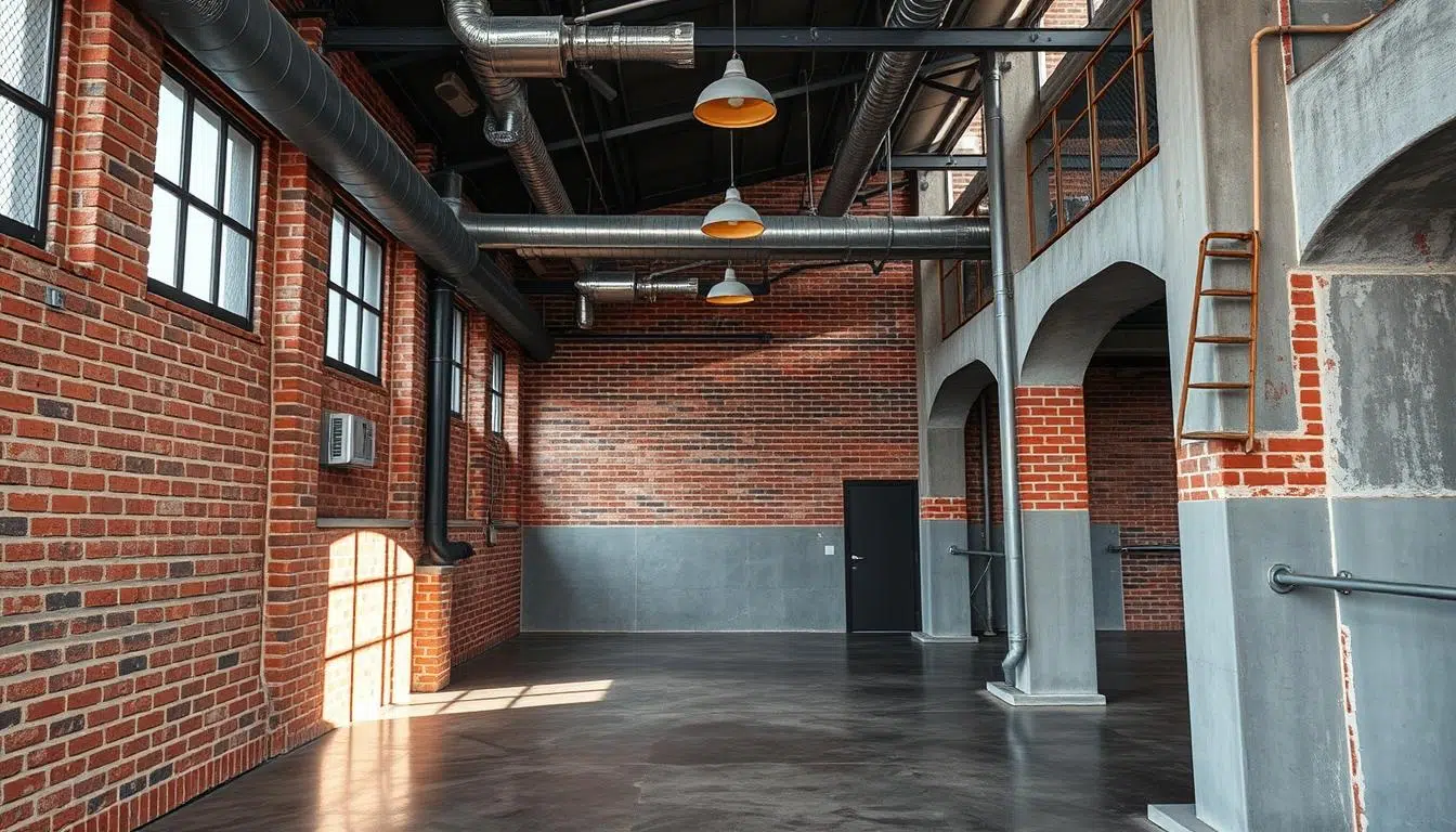 Industrieel interieur met typische industriële kleuren zoals staalgrijs, betongrijs en baksteenrood