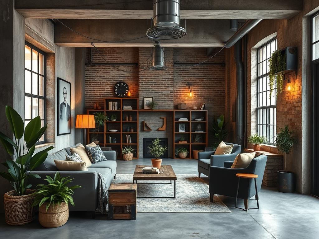 Industrieel interieur met warme elementen zoals textiel, planten en houten accenten Industrieel interieur met warme elementen zoals textiel, planten en houten accenten