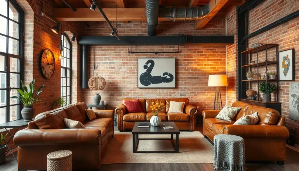 Industrieel interieur met warme kleuren zoals cognac, baksteenrood en okergeel Industrieel interieur met warme kleuren zoals cognac, baksteenrood en okergeel