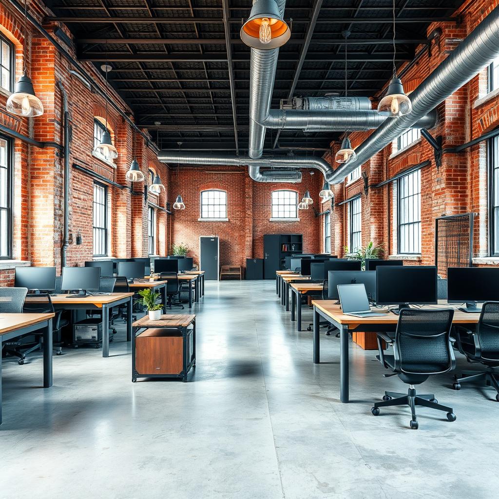 Industrieel kantoor met open werkplekken Industrieel kantoor met open werkplekken