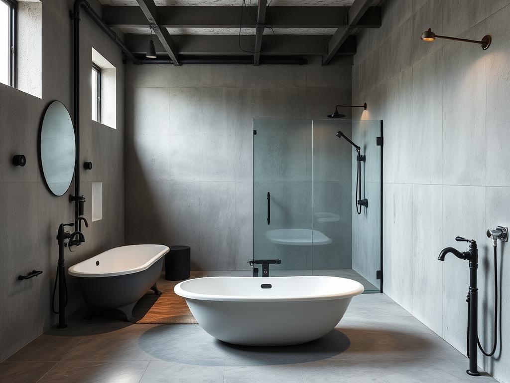Industriële badkamer met betonnen vloer, metalen accenten en zwarte kranen Industriële badkamer met betonnen vloer, metalen accenten en zwarte kranen