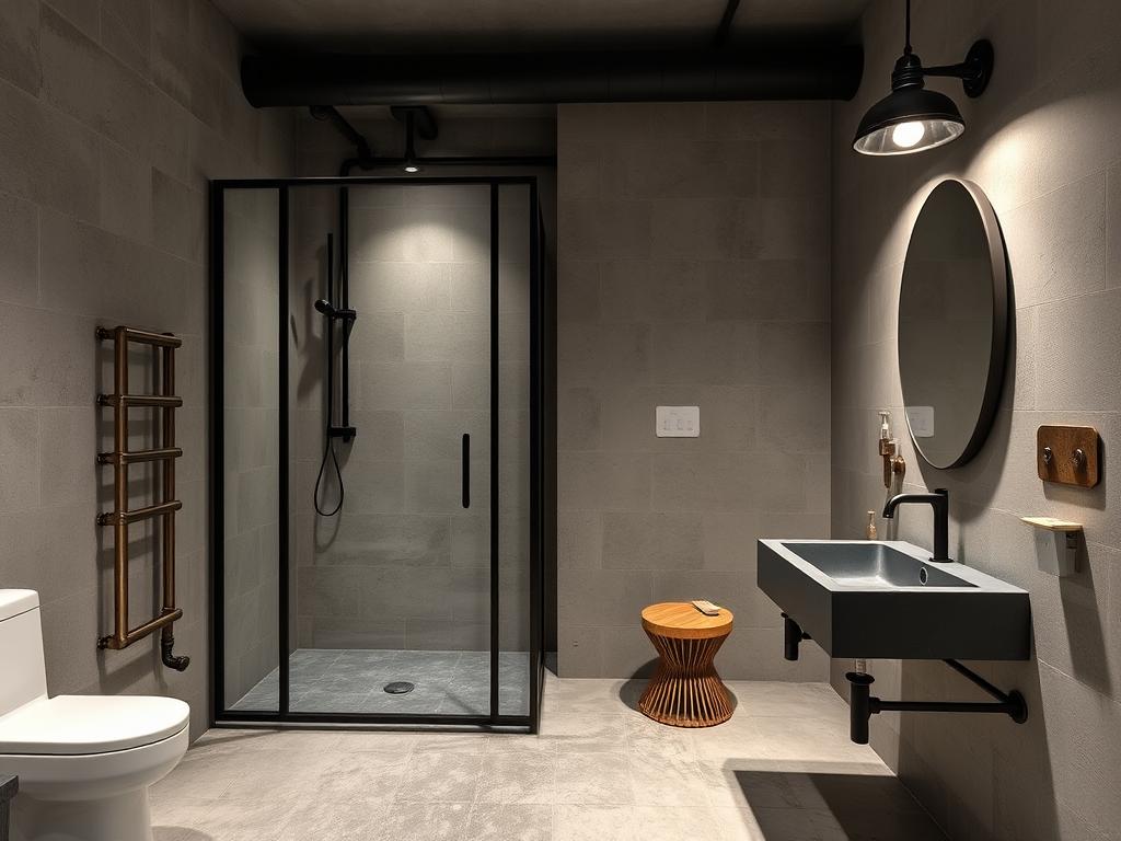 Industriële badkamer met betonnen vloer, metalen accessoires en open leidingen Industriële badkamer met betonnen vloer, metalen accessoires en open leidingen