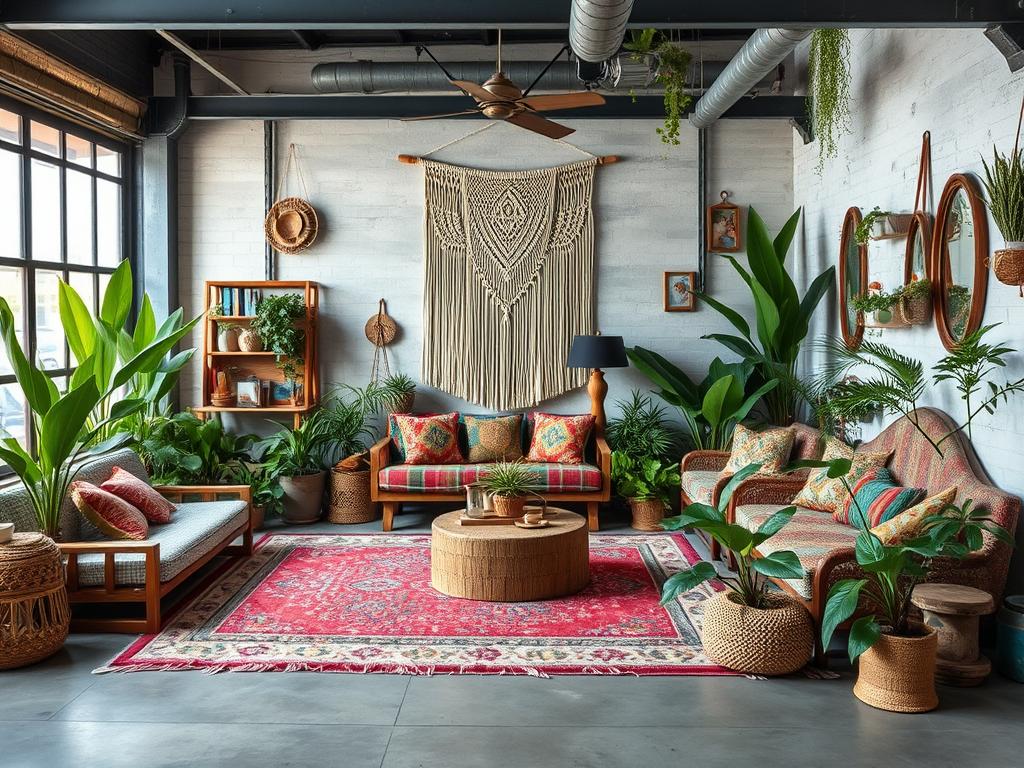 Industriële basis met bohemian textiel, planten en kleurrijke accenten Industriële basis met bohemian textiel, planten en kleurrijke accenten