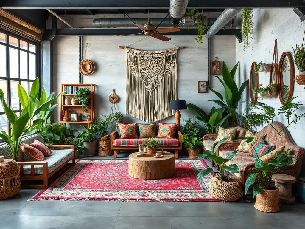 Industriële basis met bohemian textiel, planten en kleurrijke accenten
