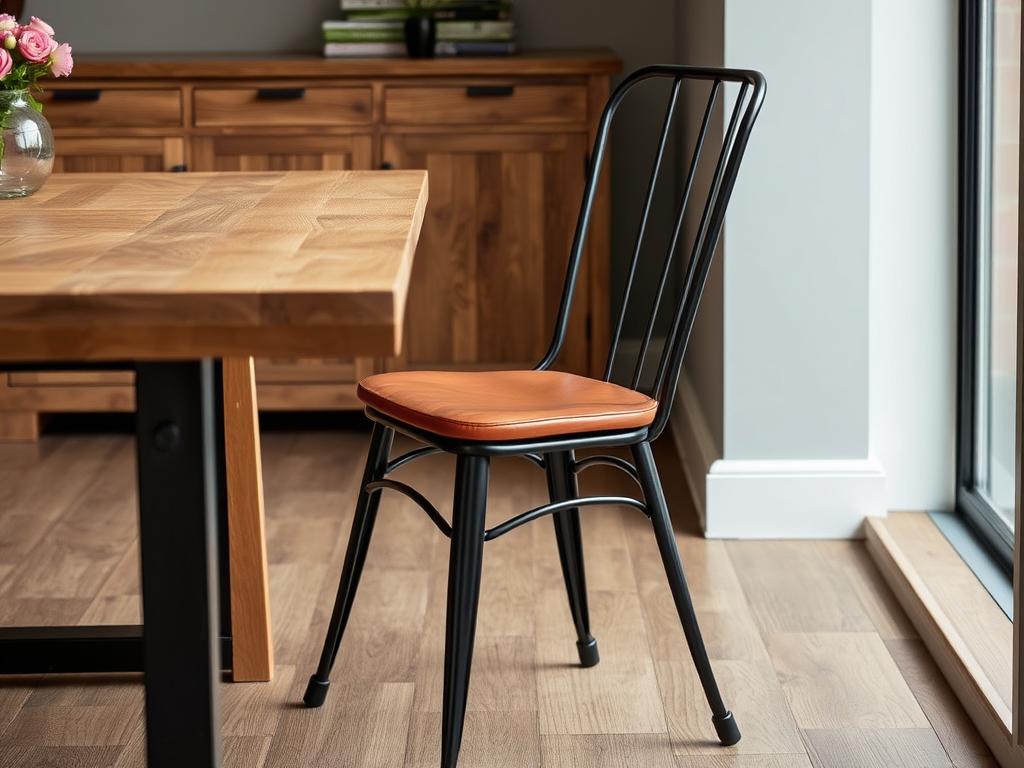 Industriële eetkamerstoel bij eikenhouten tafel Industriële eetkamerstoel bij eikenhouten tafel