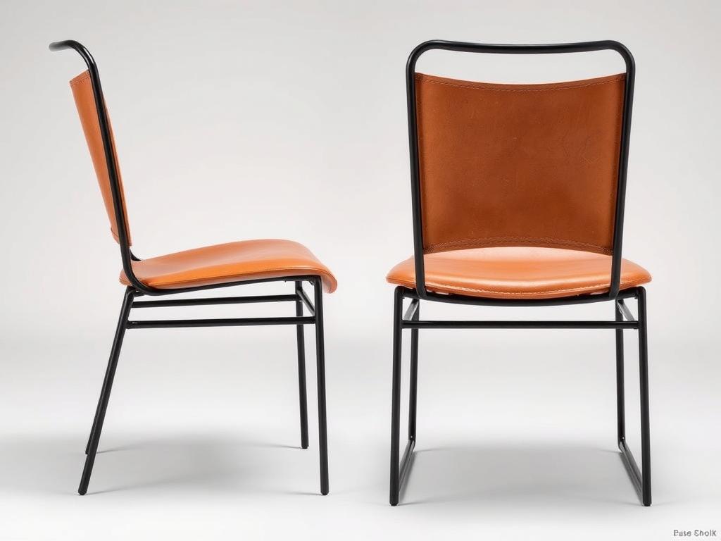 Industriële eetkamerstoel met metalen frame en cognac leren zitting Industriële eetkamerstoel met metalen frame en cognac leren zitting
