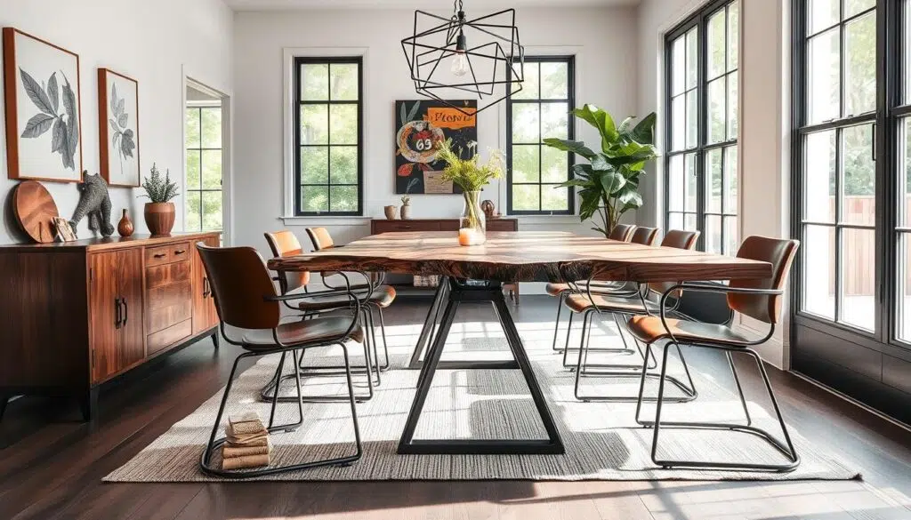 Industriële eetkamerstoelen met metalen frame en leren zitting naast een boomstamtafel