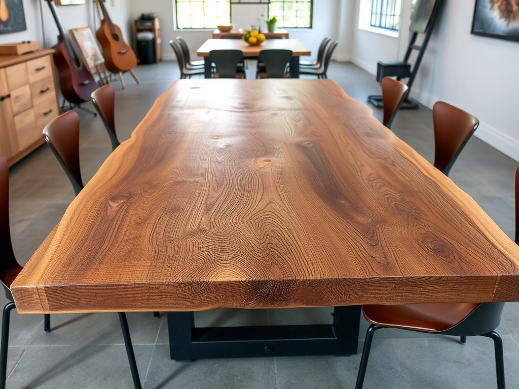 Industriële eettafel met metalen frame en houten blad Industriële eettafel met metalen frame en houten blad
