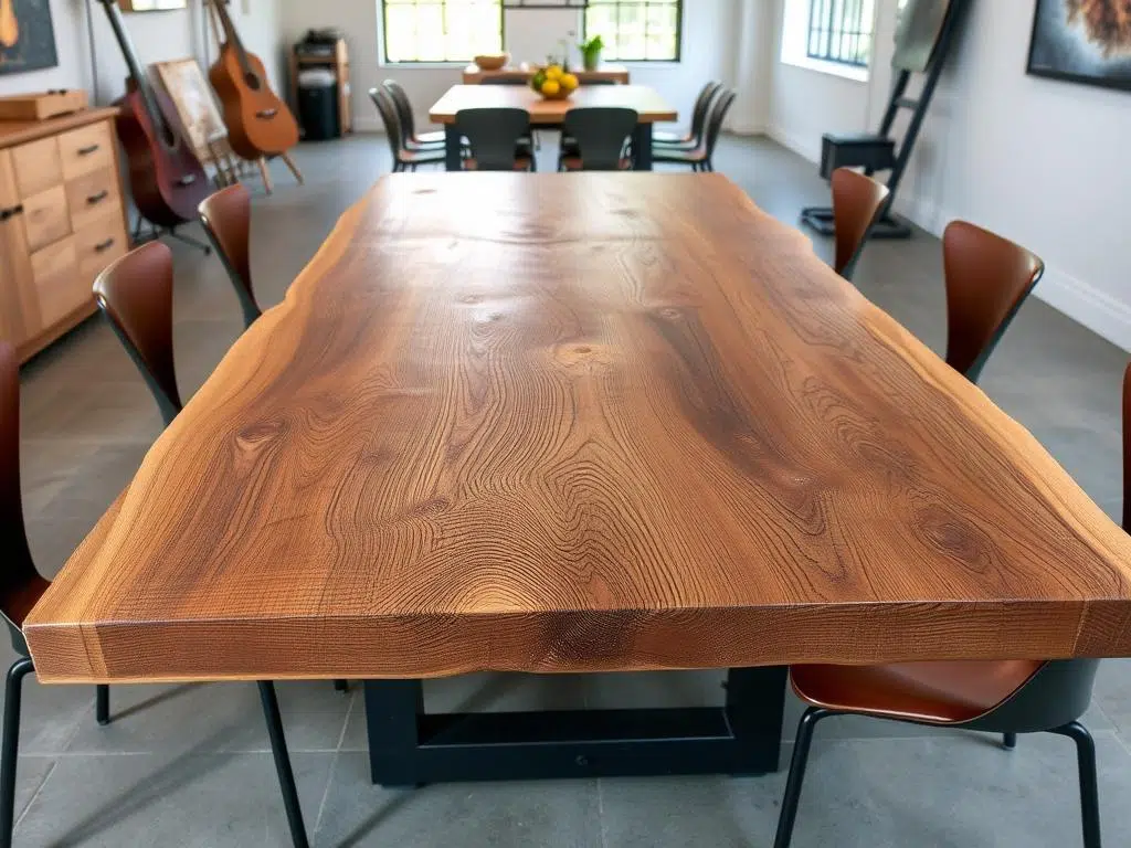 Industriële eettafel met metalen frame en houten blad