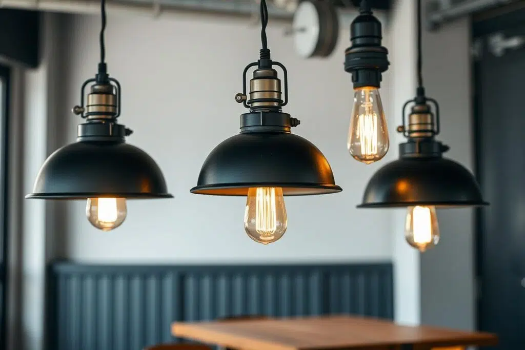 Industriële hanglampen boven eettafel met metalen kappen
