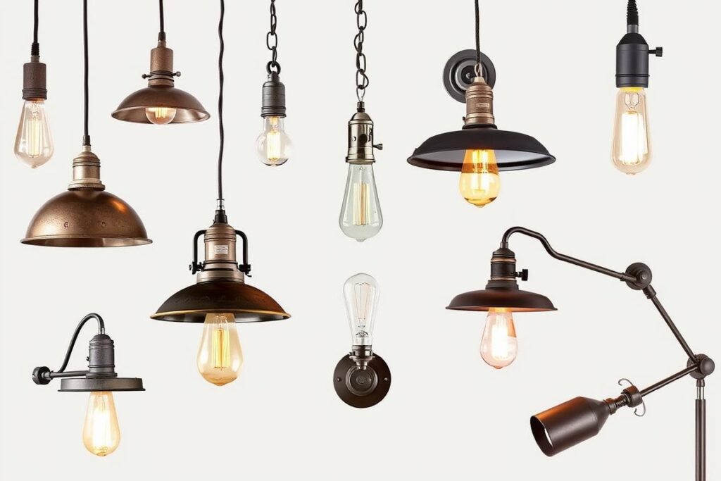 Industriële hanglampen met metalen kappen en zichtbare gloeidraden Industriële hanglampen met metalen kappen en zichtbare gloeidraden