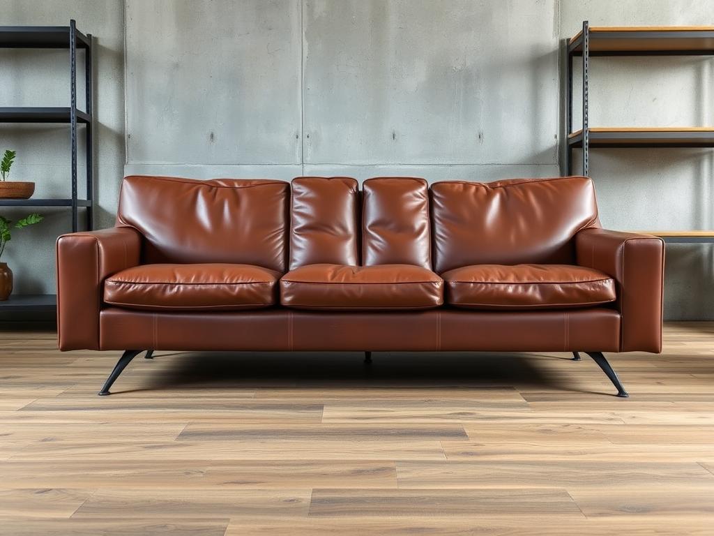 Industriële leren bank met metalen poten in woonkamer Industriële leren bank met metalen poten in woonkamer