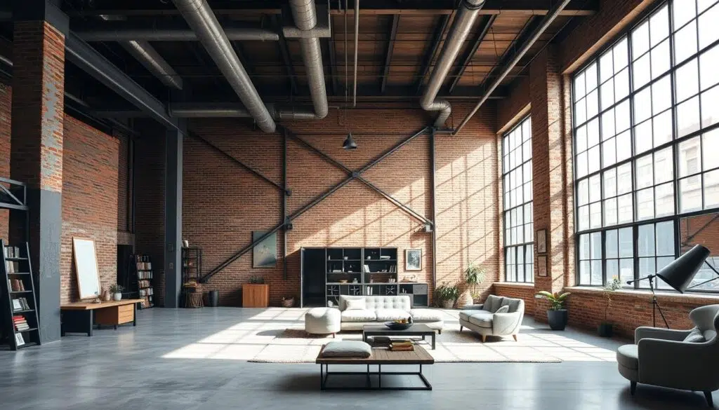 Industriële loft met bakstenen muur en hoge plafonds in New York